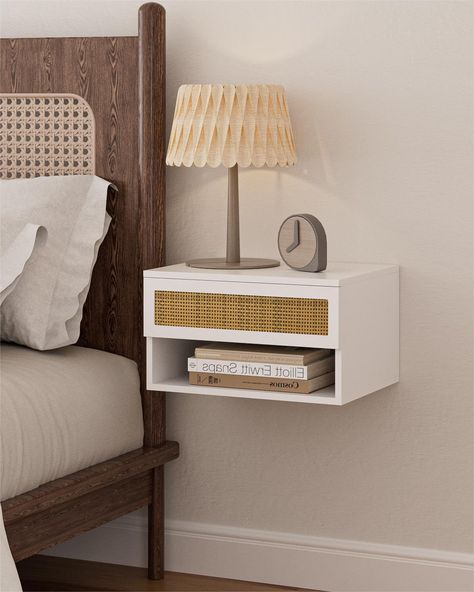 PRICES MAY VARY. Modern Convenient Design: Aienvey floating nightstand is a space saving modern piece with both closed and open storage. Get ready to take your bedroom's convenience level up a notch with this wall mount nightstand. The light and simple rattan of the white nightstand with its neutral and natural tones makes it a perfect element to blend well with any furniture. White rattan nightstand is the ideal companion for your modern bedroom. Storage Space Saving: The hanging design gives y White Floating Nightstand, Alternative Nightstand Ideas, Wall Mount Nightstand, Modern Floating Nightstand, Nightstand Small, Modern Bedroom Storage, Rattan Nightstand, Floating Shelf With Drawer, Shelves For Bedroom