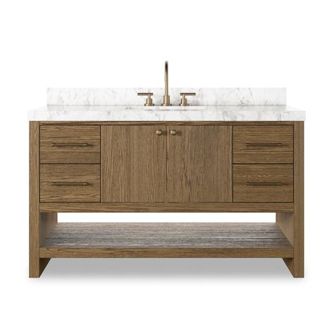 Anthem Single Wide Vanity Washed Natural Veneer Four Hands Cabinets And Open Shelving, Peaceful Space, Single Wide, Double Sink Vanity, Luminaire Mural, Oak Color, Double Sink, Four Hands, Kathy Kuo Home