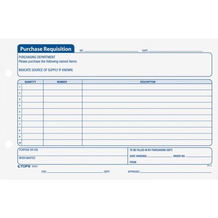 Purchase requisition forms are designed to request outside purchases. Form design allows a list of up to 10 itemized products with quantity, number and description. Design also offers spaces to fill in date, purpose or use, when wanted, source of supply, department that needs the item and the approval signature. Form is printed in blue ink on white stock and punched for storage binder or fasteners. Each pad contains 100 sheets. TOPS Purchase Requisitions Forms, 2 / Pack (Quantity)  Color: Multic Storage Binder, Gum Brands, Purchase Order Form, Purchase Form, Farming System, Ordering Numbers, African Children, 1 Number, Form Template