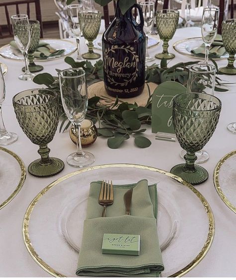 Olive Green Gold And White Table Setting, White Olive Green Wedding, Shades Of Green Wedding Decor, Sage Green Wedding Tablescape, Light Olive Green Wedding, Sage Green And Gold Table Decor, Green Table Set Up, Sage Green Napkins Place Settings, Green And White Table Setting Wedding