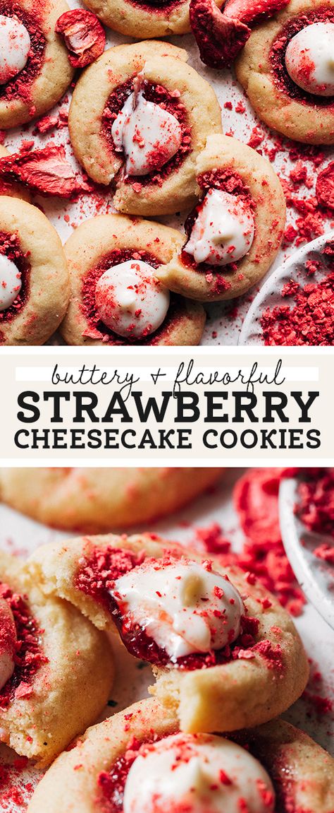 These super flavorful strawberry cheesecake cookies consist of a buttery and soft shortbread cookie, strawberry jam, and a dollop of cheesecake on top. They're a delicious strawberry cookie perfect for Spring! #strawberries #thumbprintcookies #strawberrycheesecake #strawberrycookies #butternutbakery | butternutbakeryblog.com Cookie Strawberry, Spring Strawberries, Special Cupcakes, Strawberry Cheesecake Cookies, Yummy Muffins, Butternut Bakery, Easy Strawberry Cheesecake, Strawberry Cookie, Cheesecake Toppings