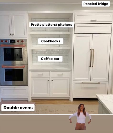 Open Shelving In The Kitchen By Fridge, Fridge And Ovens On Same Wall, Double Wall Ovens Ideas Layout, Double Oven Wall Layout, Modern Double Oven, In The Wall Oven, Two Chandeliers Over Kitchen Island, Kitchen Peninsula Table Combo, Kitchen Layout With Double Wall Oven