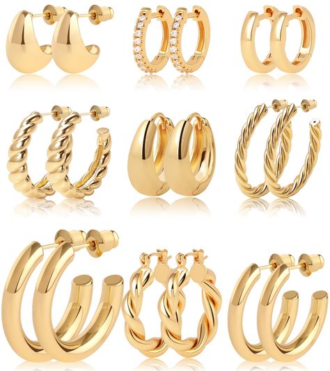 PRICES MAY VARY. Title: Gold Hoop Earrings for Women Chunky Twisted Huggie Hoops Earrings Set 14K Real Gold Plated Christmas Gift for Women Girls. Product Type: Departments > Women > Jewelry > Earrings > Hoop Christmas List Items, Gold Earring Stack, Gold Chunky Earrings, Wish List Items, Gold Piercings, Chunky Gold Earrings, Hoop Gold Earrings, Wishlist Christmas, Gold Hoops Earrings