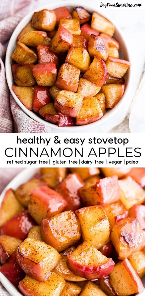 These Stovetop Sautéed Cinnamon Apples taste like a warm apple pie, but they come together in 5 minutes and are SO much healthier! This recipe is gluten-free, dairy-free, refined sugar free, vegan AND paleo! Perfect for breakfast, a snack, or dessert!  #cinnamonapples #healthyrecipe #apples #paleo #vegan #glutenfree #dairyfree Apple Cinnamon Recipes, Menu Sarapan Sehat, Sugar Free Vegan, Resep Diet, Warm Apple, Makanan Diet, Paleo Vegan, God Mat, Healthy Snacks Easy