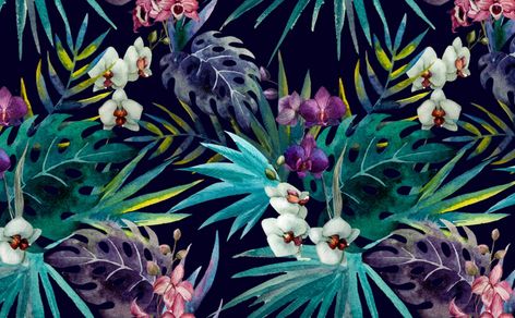 Tropical Print Wallpaper, Palm Trees Wallpaper, Purple And White Flowers, Field Wallpaper, Teal And Green, Palm Wallpaper, Tropical Watercolor, Forest Wall Mural, Wallpaper Accent Wall