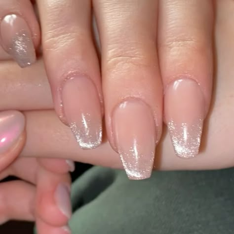 gel nails, acrylic nails, acrylic nail design, cateye nails, nail inspo French Tip Nail Extensions, Nail Art Designs Shimmer, Cat Eye Polish French Tip, Short Cateye Nail, Shimmer French Manicure, Cat Eye On Natural Nails, Magnet Nails French, Half Cat Eye Nails, Cat Eye With French Tip Nails