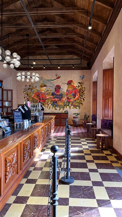 Hacienda Style Restaurant, Coffee Shop Mexican Design, Latino Coffee Shop, Mexican Coffee Shop Ideas, Cuban Coffee Shop, Hacienda Style Coffee Shop, Colombian Coffee Shop, Latin Coffee Shop, Mexican Cafe Interior