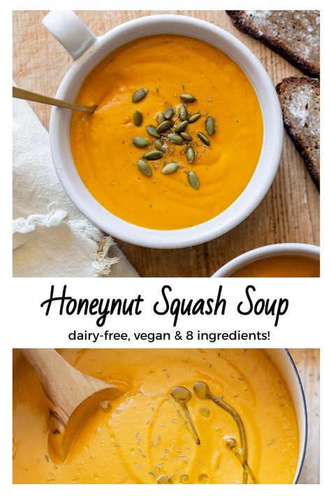 Honeynut Squash Soup Paleo Zucchini Soup, Dairy Free Squash Soup, Honey Nut Squash Soup, Honeynut Squash Recipes, Honeynut Squash Soup, Honeynut Squash, Blender Soup, Easy Vegan Soup, Zucchini Soup