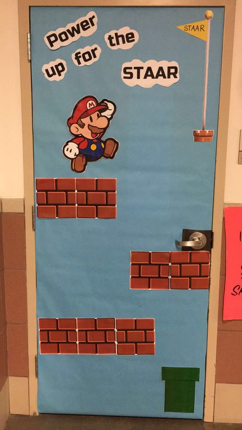 STAAR Theme Video Games  Mario Brothers Super Mario Bros Classroom Door, Video Game Classroom Door, Mario Brothers Classroom Door, Mario Themed Classroom Door, Gaming Door Decorations, Super Mario Brothers Classroom Theme, Game On Door Decorations, Game Board Door Decoration, Mario Hallway Decorations