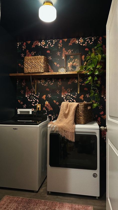 Laundry Room Ideas Cottagecore, Small Closet With Wallpaper, Moody Eclectic Entryway, Boho Style Laundry Room, Small Boho House Ideas, Small Dark Laundry Room Ideas, Pink Boho Laundry Room, Dark Eclectic Laundry Room, Laundry Room Makeover With Wallpaper