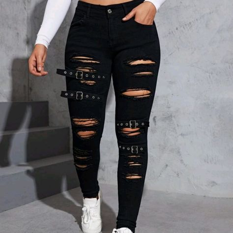 Black Grommet Buckle Detail Ripped Skinny Jeans 66% Cotton 33% Polyester 1% Elastane Gap Jeans Women, Dark Wash Jeans Women, High Waisted Ripped Jeans, Ripped Women, Blue Mom Jeans, Womens Ripped Jeans, Casual Denim Pants, Black Leather Pants, Black Ripped Jeans