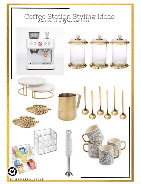 Coffee Station Ideas Luxury, Cute Coffee Set Up, Small Coffee Station Ideas Office, Mini Coffee Station Ideas, Cute Coffee Corner Ideas, Corner Kitchen Coffee Station, K Cup Coffee Station, Coffee Bar Ideas White And Gold, Espresso Station Ideas Countertop