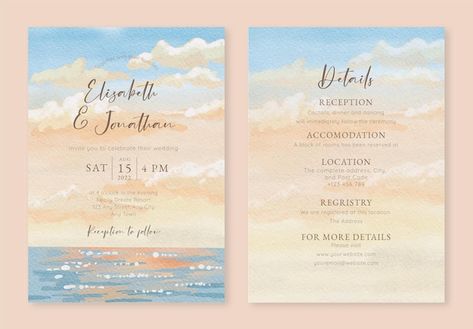 Free vector set of wedding invitation wi... | Free Vector #Freepik #freevector #sunset-sea #night-sea #sunset #sunset-landscape Albania Wedding, Watercolor Sunset Sky, Sunset Wedding Invitations, Wedding Invitation Website, Sunset Beach Weddings, Beach Invitations, Sky And Sea, Sea Wedding, Ocean Wedding