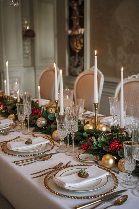 Set the stage for unforgettable holiday meals with these luxurious table settings. Explore color schemes, place settings, and centerpieces that will impress your guests. Elegant Holiday Tablescapes, Simple Christmas Tablescapes, Winter Tablescape Ideas, Luxe Christmas, Classy Christmas Decor, Christmas Dessert Table, Christmas Place Settings, Cold Moon, Christmas Place