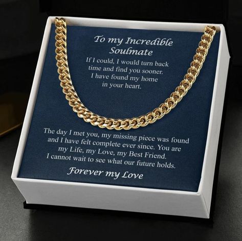 Give your Soulmate a modern Link Chain Necklace for the Holidays, your Anniversary, his Birthday, or any special occasion! This Soulmate Gift for Him is a modern chain that he can wear for years to come. It's also perfect for Christmas, as a congratulations gift, a graduation gift, and so much more! Gifts For Long Distance Boyfriend, Romantic Birthday Gifts, Romantic Gifts For Him, Promise Necklace, Romantic Birthday, You Are The Greatest, Cuban Link Necklace, You Are My Life, Cuban Link Chain Necklaces