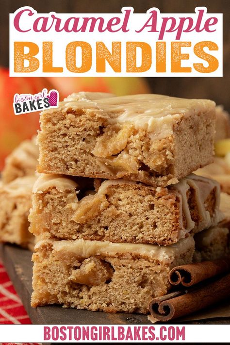 Caramel apple blondies are a quick and easy Fall treat you can make in a jiffy. Fresh apples get folded into a brown sugar blondie batter, then topped with a salted caramel icing. You can make these caramel apple blondies easily without a mixer and mix up in 30 minutes or less! They’re moist and chewy, with a delicious caramel flavor that pairs perfectly with the tart apples. And let’s not forget the icing! It’s rich and creamy, and it takes the blondies to the next level. | @bostongirlbakes Caramel Apple Blondies Recipe, Apple Blondies With Maple Glaze, Carmel Apple Blondies, Caramel Apple Brownies, Maple Apple Blondies, Fall Blondies, Caramel Bits Recipes, Fresh Apple Recipes Easy, Christmas Blondies