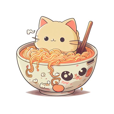 Noodles Drawing, Cat Eating Ramen, Bowl Of Noodles, Food Tattoos, Chat Kawaii, Sushi Cat, Chibi Cat, Cute Animal Drawings Kawaii, Kawaii Doodles