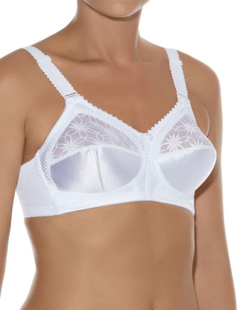 Triumph have taken their ever popular Doreen bra, and brought you the same supportive style in a luscious satin fabric. The soft, luxurious fabric is ultra comfy and smooth against the skin. This everyday bra features the same classic and flattering shape of the Doreen best seller. The soft cups give you full coverage and support with no underwire. The gorgeous semi sheer embroidery detail at the top of the cup, take this bra to a new level. No wonder it is a Triumph best seller.   Full cup Triumph Doreen, Bullet Bra, Vintage Stockings, Everyday Bra, Designer Lingerie, Soft Cup, Bridal Lace, Embroidery Details, Lingerie Fashion