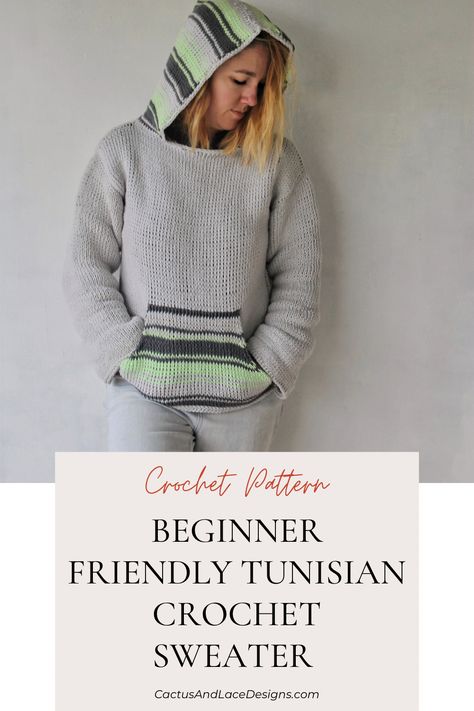 Learn how to make your very own custom fitted crochet sweatshirt with this Free beginner pattern from Cactus & Lace Designs. This Tunisian Crochet pullover pattern includes step by step instructions and photos! Easy Crochet Pullover, Beginner Tunisian Crochet, Tunisian Crochet Sweater, Crochet Sweatshirt, Tunisian Crochet Free, Crochet Pullover Pattern, Crochet Sweater Free, Crochet Pullover, Tunisian Crochet Pattern