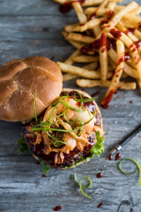 Korean Kimchi Burgers with Gochujang Sauce | @whiteonrice Korean Burger, Kimchi Burger, Sauce Burger, Gochujang Chicken, Teriyaki Burgers, Korean Kimchi, Gochujang Sauce, Sweet And Spicy Sauce, Kimchi Recipe