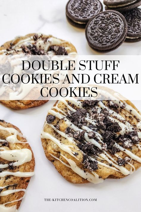 Cookies and cream cookies Cookie With White Chocolate Chips, Cookies And Cream Stuffed Cookies, Cookie And Cream Cookies Recipe, Oreo White Chocolate Chip Cookies, Cookie And Cream Cookies, Deluxe Cookies, Cookies And Cream Cookie, Stuff Cookies, Cookies And Cream Cookies