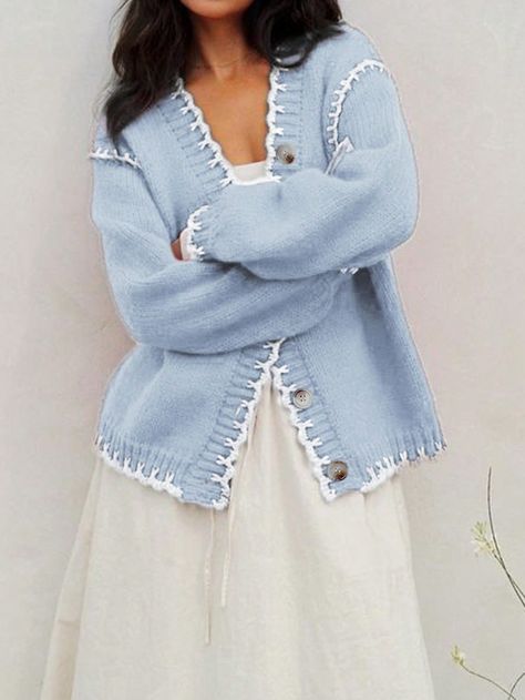 Women's Contrast Color Drop Shoulder Long Sleeve Single Breasted Casual Cardigan For Fall/Winter Baby Blue Casual  Long Sleeve Fabric Colorblock,Plain  Slight Stretch  Women Clothing, size features are:Bust: ,Length: ,Sleeve Length: Cardigan Casual, Hem Sweater, Sweater Vest Women, Winter Baby, Casual Cardigans, Mini Shorts, Lace Ruffle, Baby Winter, Inspiration Mode