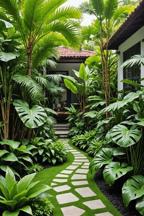 Tropical Small House Design, Modern Small Garden Ideas, Garden Against Wall, Tropical With Asian Influence Decor, Outdoor Tropical Plants Landscaping, Narrow Tropical Garden, Tropical Garden Landscaping, Modern Back Garden Design, Tropical Porch Plants