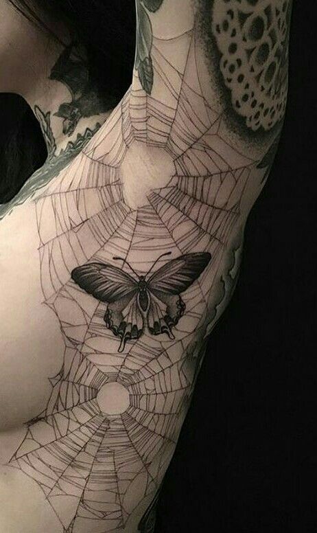 Spider Web Tattoos On Elbow, Spiderweb Tattoo Sleeve Filler, White Ink Spider Web Tattoo, Spiderweb Arm Tattoo, Covered In Tattoos Women, Spiderweb Filler Tattoo, Floral And Bug Sleeve Tattoo, Fine Line Spider Web Tattoo, Spiderweb Armpit Tattoo