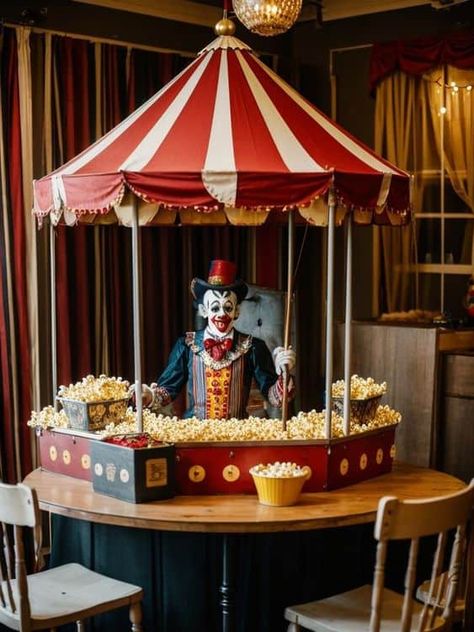 20 Spooky Carnival Halloween Party Ideas - Lady Celebrations Clown Props, Spooky Carnival, Antique Signage, Scary Carnival, Apartment Vintage, Scary Circus, Vintage Carnival Party, Circus Decor, Carnival Halloween Party