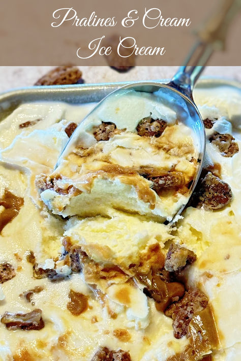 Pralines and cream ice cream being scooped out of a pan. Praline Ice Cream Recipe, Pecan Praline Ice Cream Recipe, Pralines And Cream Ice Cream, Custard Ice Cream Recipe, Praline Ice Cream, Praline Pecans, My Country Table, Pralines And Cream, Best Homemade Ice Cream