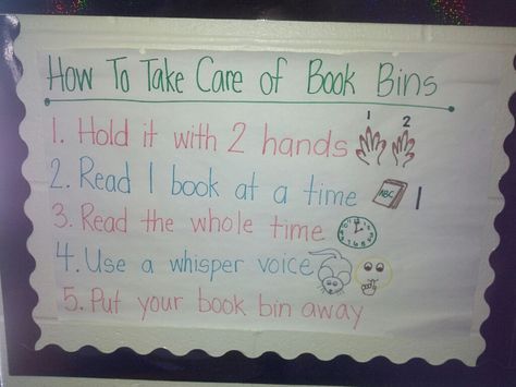 How to Take Care of Book Bins Anchor Chart Taking Care Of Books Anchor Chart, Readers Workshop Kindergarten, Benchmark Advance, Kindergarten Anchor Charts, Dream Classroom, Book Bins, Teacher Board, Teacher Boards, Book Baskets