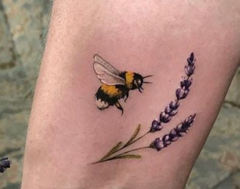 Bumblebee And Flower Tattoo, Lavender Bee Tattoo, Tattoo Ideas Bees And Flowers, Bee Tattoo Color, Bee On Flower Tattoo, Lavender Bumblebee Tattoo, Bee Flower Tattoo, Bumble Bee And Lavender Tattoo, Small Bee With Flower Tattoo