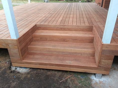 Deck With Inset Steps, Deck With Recessed Stairs, Inset Stairs Deck, Back Porch Stairs To Yard, Front Deck With Stairs, Inset Deck Stairs, Decking Stairs Ideas, Wood Deck Stairs, Steps Off Deck