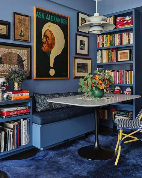 Bright Blue Interior Design, Cornflower Blue Walls, Bright Blue Office, All Blue Room, Bright Blue Room, Maximalist Dining Rooms, Bright Blue Walls, Camper Vans For Sale, Blue Interiors