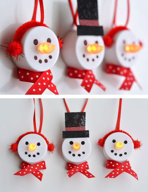 Tea Light Snowman Ornaments Tea Light Snowman Craft, Tea Light Christmas Ornaments, Battery Tea Light Crafts Christmas, Snowman Made From Tea Lights, Snowmen Tea Lights, Coffee Creamer Snowman Craft, Tealight Christmas Crafts, Tea Light Snowman Ornament, Homemade Snowman Ornaments