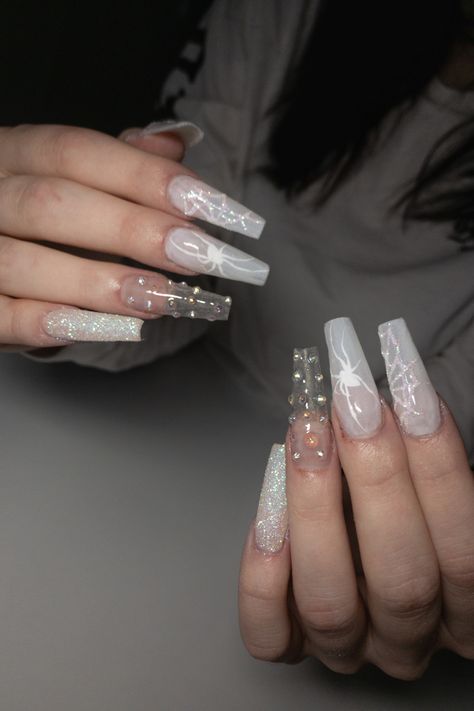 Spooky White Nails, Milky White Spooky Nails, Milky White Halloween Nails, White Spooky Nails, Halloween Nails White, White Halloween Nails, Magical Nails, Spooky Nails, White Halloween