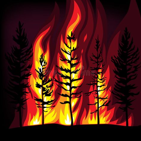 Forest Burning Drawing, Trees On Fire Drawing, Burning Tree Drawing, Tree On Fire Drawing, Forest Fire Illustration, Forest Fire Drawing, Forest Fire Art, Fire Sketch, Burning Tree