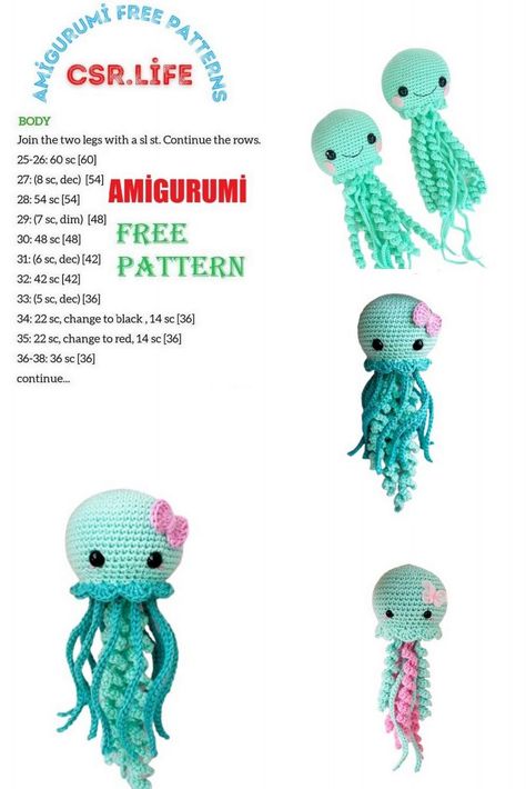 Amigurumi Jellyfish, Octopus Crochet Pattern, Crocheted Jellyfish, Free Amigurumi Crochet Patterns, Crochet Octopus, Crocheting Ideas, Fish Pattern, Crochet Animals Free Patterns, Crochet Amigurumi Free