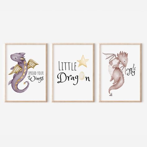 Dragon Watercolor Print Set of 3 for a Dragon Nursery or - Etsy Nursery Ideas Dragon, Nursery Fantasy Theme, Dragon Theme Nursery Baby Boy, Baby Girl Dragon Nursery, Mythical Creature Nursery, Baby Boy Dragon Nursery, D&d Nursery, Dragon Nursery Girl, Fun Nursery Themes