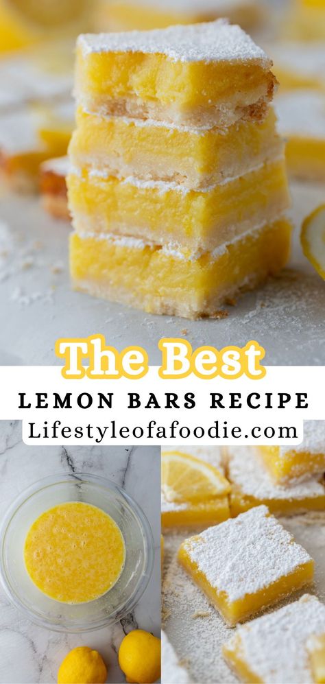 This easy lemon bars recipe is the best way to indulge in sweets during the hot summer months. Made with a crisp shortbread crust and a filling that has an intense lemon flavor, these homemade lemon bars will satisfy the ultimate lemon craving. Thick Lemon Bars, 1 Lemon Recipes, Limoncello Bars Recipe, Easy Lemon Bars Recipe, What To Make With Lemons, Lemonies Recipe, Lemon Desserts With Fresh Lemons, Recipes With Lemons, Easy Lemon Recipes