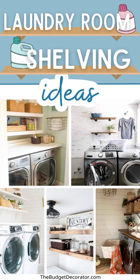 Laundry room shelves are an important, functional part of your laundry room decor. You want them to look good, help you stay organized, and of course store all your laundry supplies. These ideas all fit the bill. save this pin for your laundry room renovation project! Laundry Room Wall Shelf, Bookshelf In Laundry Room, Small Laundry Room Storage Ideas Shelves, Laundry Room Shelves And Cabinets, Wooden Laundry Shelves, Laundry Room Storage Closet Ideas, Laundry Room Shelving Organization, Laundry Shelves Organization, Storage For Small Laundry Room