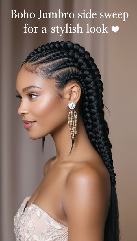 Boho Jumbo Cornrow Side Sweep for a Stylish Look 🌿 9 Braids Hairstyle, Beautiful Cornrows Black Women, Elegant Cornrow Hairstyles, Woman Braids Hairstyles, Trending Cornrows Hairstyles, Two Jumbo Braids, Natural Cornrow Hairstyles Short Hair, One Braid Hairstyles, Cornrolls Hairstyles Braids