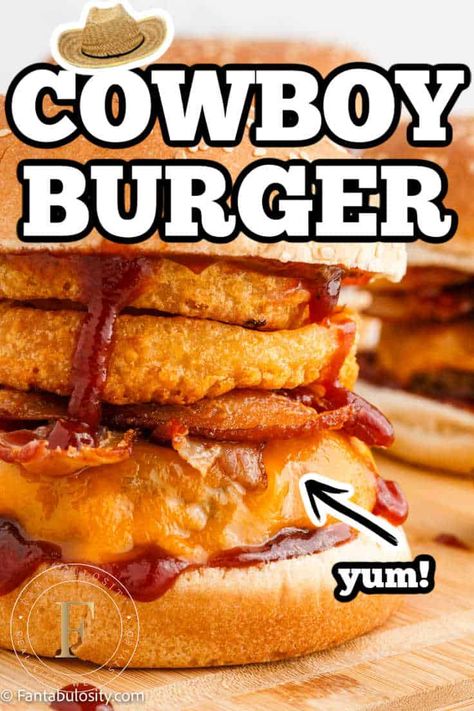 Cowboy Burgers, Western Burgers, Onions Rings, Cowboy Burger, Bbq Hamburgers, Cowboy Food, Homemade Burger Recipe, Juicy Lucy Burger, Hearty Food