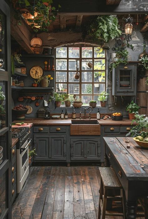 Woodsy Aesthetic House, Dark Cottage Core House Interior, 1920 Kitchen Ideas, Apothecary Kitchen Aesthetic, Witchy Aesthetic Kitchen, Dark Forest Kitchen, Cottagecore Home Ideas, Dark Green Moody Kitchen, Moody Bright Kitchen