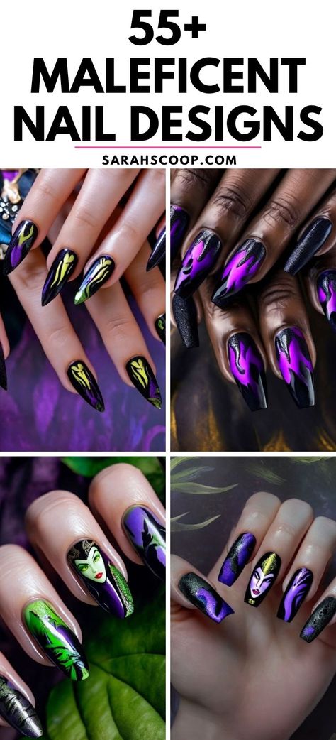 Unleash your inner fierce queen with these enchanting Maleficent-inspired nail designs! 💅 #naildesigns #nailinspo #maleficent Villain Nail Art, Evie Descendants Nails, Disney Nails Malificent, Malificent Nail Design Simple, Evil Queen Nails Disney, Maleficent Inspired Nails, Birthday Nails Ideas Acrylic, Maleficent Nails Designs, Evil Queen Nails