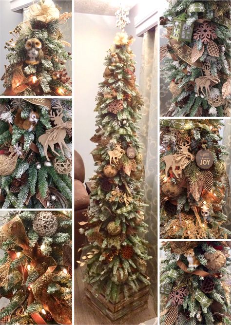 Loving the blend of tan, brown and muted shades of green, and the natural elements of pine cones and seed pods next to sparkly frosted acorns and snowflakes! The fuzzy little forest animals are so cute tucked in with corrugated cardboard cutouts of elegant deer silhouettes and lanterns. Feathers, twine and twig balls, a variety of branches, and cloth herringbone leaves lined with glitter give it layers of pleasing texture. This little pencil tree really embraces a cozy winter woodland feel. Woodland Pencil Christmas Tree, Elegant Woodland Christmas Tree, Woodland Tree Christmas, Winter Woodland Christmas Decor, Rustic Woodland Christmas Tree, Boho Christmas Tree Ideas, Woodsy Christmas Tree, Pencil Trees Decorating Ideas, Christmas Inn