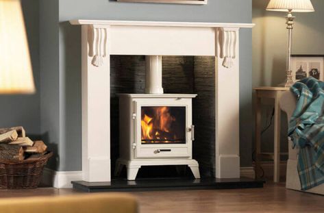 Cream Log Burner, White Stove, Granite Hearth, Stove Installation, Double Sided Stove, Stoves For Sale, Small Stove, Solid Fuel Stove, Fireplace Suites