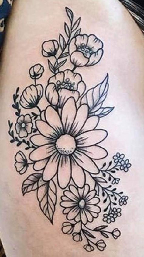 Side Of Knee Flower Tattoo, Daisy Leg Tattoo, Tulip And Daisy Tattoo, Flower Tattoo Fillers Sleeve, Rose And Daisy Tattoo, Thigh Tattoo Simple, Tiger Tattoo Thigh, Knee Tattoo Ideas, Inner Thigh Tattoos