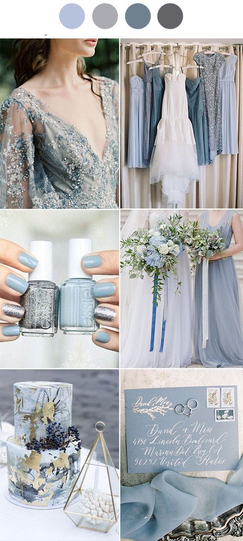 Silver Gray Dusty Blue wedding color decoration ideas wedding combo Wedding Palette Spring, Palette Winter, Palette Spring, Wedding Color Schemes Blue, Palette Summer, Decoration Ideas Wedding, Gray Wedding Colors, Fall Blue, Wedding Color Combinations