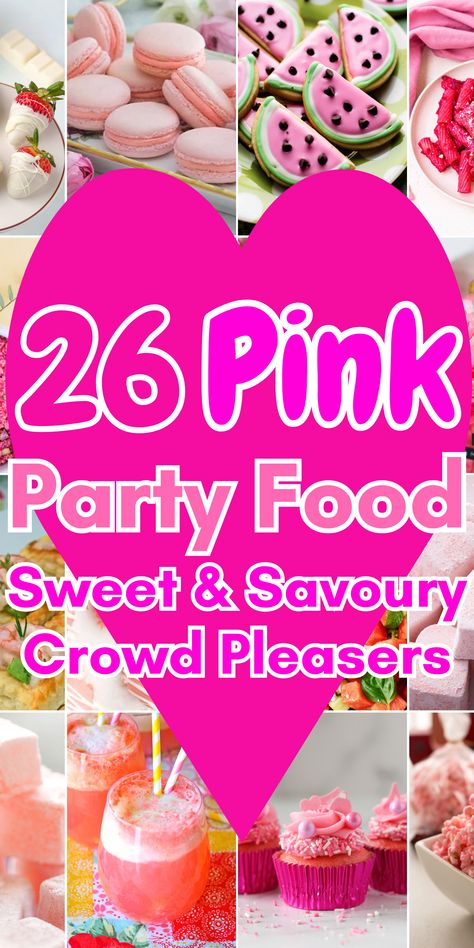 Pink is the colour of the moment thanks to Barbie and a Gen Z obsession with Y2K style, so let's embrace the colour pink when planning our next kids or teen birthday party by preparing some wonderfully pink party food. Add a splash of pink colour with pink savoury party food, pink sweet treat party food, pink snacks, pink dips, pink donuts, pink turkish delight, pink marshmallow, pink cupcakes, perfect for teen sleepover / slumber party, tween party, tea party menu, tea party food ideas Food For A Barbie Party, Pink Platter Ideas, Pink Food Tray Ideas, High Tea Kids Party, Pink Food Platter, Color Food Party Ideas For Adults, Brown Foods For Color Party, Barbie Treats Party Ideas, Pink Food Board